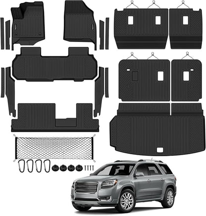 Tongama-Floor Mats for 2024-2026 Chevy Traverse/GMC Acadia 8 Seat with Bench Seats, All Weather TPE Trunk Mat & 2nd/3rd Row Backrest Mats & Cargo Net & Full Coverage Door Sill Guards Kit