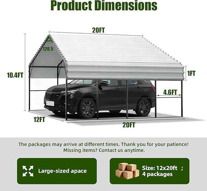 Metal Carport Heavy Duty 12x20ft Outdoor Galvanized Steel Car Port, Vehicle Canopy Garage Shade, Multi-Use Shelter for Car, Boat, Tractors & Outdoor Storage