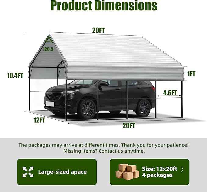 12x20ft Carport Outdoor Heavy Duty Metal Carport Canopy Steel Roof All-Weather Multi-Use Garage Shelter for Car, Boat, Tractor and Truck
