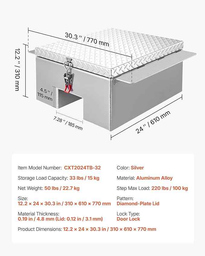 VEVOR Truck Bed Tool Box, Heavy Duty Aluminum Tool Box with Diamond Plate, Storage Toolbox Chest Organizer Supports up to 220 lbs, Ideal for Pickup, Truck Bed, RV, Trailer, 30.3 x 24 x 12.2 in, Silver
