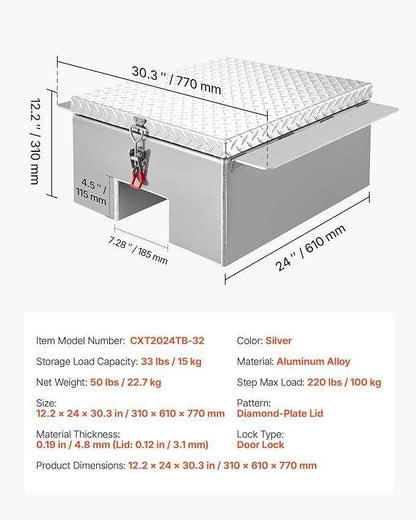VEVOR Truck Bed Tool Box, Heavy Duty Aluminum Tool Box with Diamond Plate, Storage Toolbox Chest Organizer Supports up to 220 lbs, Ideal for Pickup, Truck Bed, RV, Trailer, 30.3 x 24 x 12.2 in, Silver