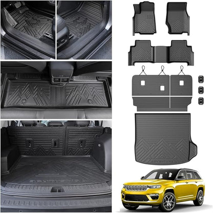 KUST Floor Mats Set for 2022-2026 Jeep Grand Cherokee 5 Seats (Include 4XE, Not for WK & L), Cargo Trunk Liner with Backrest Mat All Weather Car Mats Accessories TPE Rubber Raised Edge