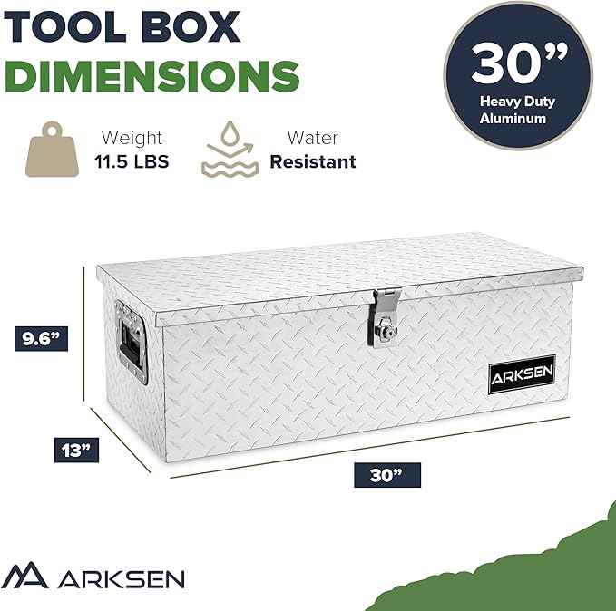 ARKSEN 30 x 13 x 10 Inch Diamond Plate Truck Bed Tool Box, Heavy Duty Waterproof Aluminum Toolboxes Storage Chest with Side Handle & Lock for Pickup Truck Bed, RV & Trailer – Silver