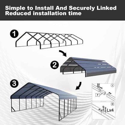 20x30 ft Metal Carport for Outdoor Garages Steel Heavy Duty Portable Garage with Large Tall Carports Canopy for Snow, Car Ports with Galvanized Steel Roof & Frame - Grey