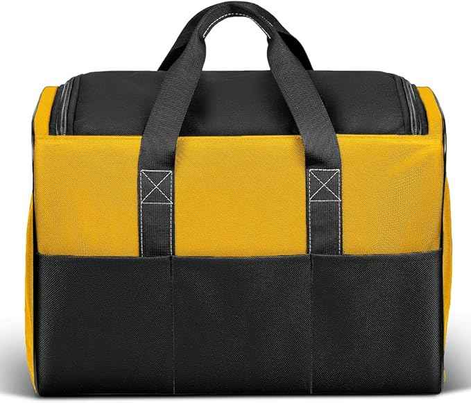 Large Tool Bag, 17 inch Wide Mouth Tool Organizer Bag for Home Repairs,Garage StorageDouble Zipper, Yellow and Black, 16.9 x 11.8 x 9.8 inch