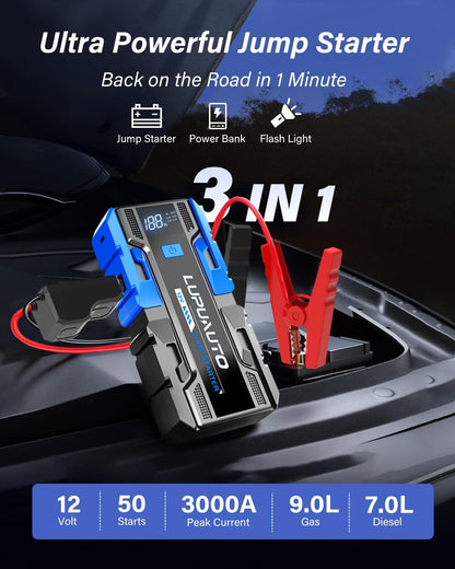 3000A Jump Starter, Portable Car Battery Jump Starter for Up to 9.0L Gas & 7.0L Diesel Engines, Car Battery Booster Pack with Built-in LED Light