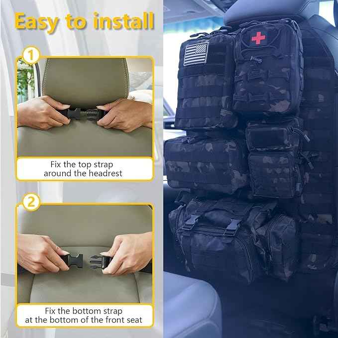 Universal Tactical Car Seat Back Organizer Bag Tactical Molle Vehicle Organizers Panel Vehicle Protector Organizers with 5 Detachable Pouches for Car Truck Ford Jeep (Model A-Black camo)