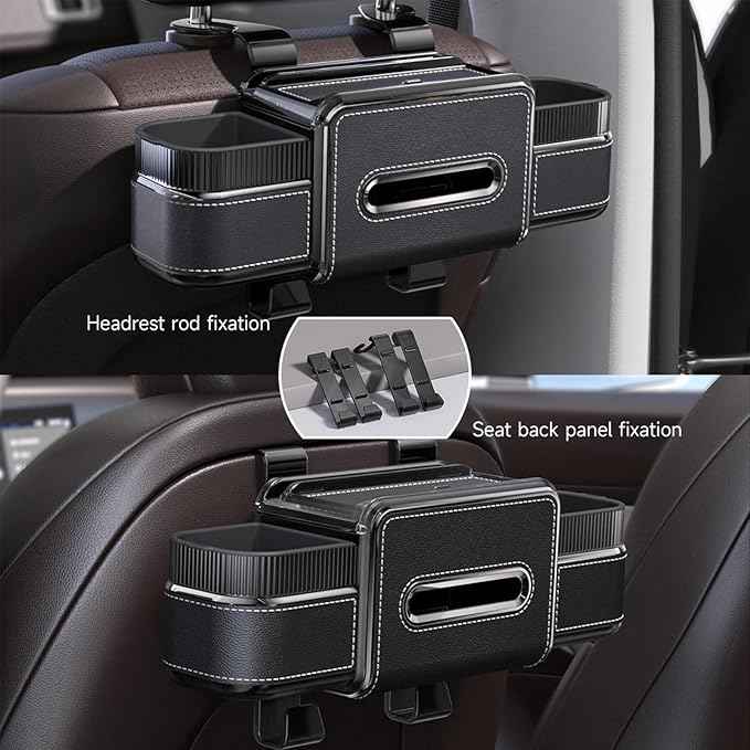 Multifunctional Car Seat Back Organizer Box with Drink Cup Holder, Makeup Mirror, Tissue Box& Hooks for Car Seat Back, New Upgrade Car Headrest Backseat Organizer Suitability for Wife, Girlfriend