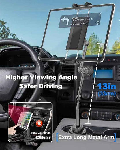 Heighten Tablet Cup Holder Mount [Super Durable] Heavy Duty Metal Cup Holder Tablet Mount for Car, Truck, SUV, Tesla, Compatible with 4-13" Pad Pro 12.9/Air/Mini, Galaxy Tab/Z Fold, iPhone