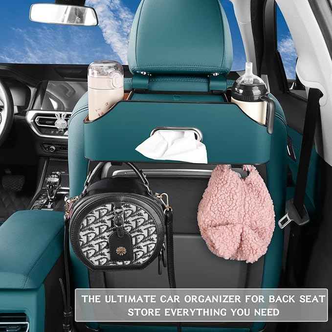 HOLDCY Car Back Seat Organizer with 2 Drink Cup Holder - Tissue Box and Storage Box Hook - Multi-functional Storage - Great for Kids and Travel (Blue)