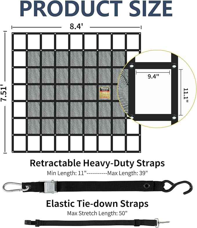 Tecoom Cargo Net with Mesh, 8.4 x 7.51ft 1,500 LBS Capacity Truck Bed Net for Trailer, Trucks, Boat, Jeep, Pickup, Heavy Duty Cargo Net with Adjustable Cam Buckles & S-Hooks & Cross Strap