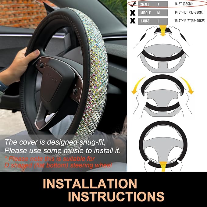 PINCTROT Bling Comfy Steering Wheel Cover for Tesla Model Y/3 Highland/Juniper, D Shaped 14 Inch Small Sized with Jumbo Crystal Rhinestones, Flat Bottom with Anti-Slip Diamond Leather (Colorful)