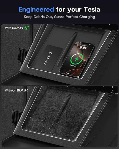 Center Console Organizer for Tesla Model Y Juniper Accessories 2026 2025 & Tesla Model 3 Highland Accessories [Durable PC + Silent Silicone Liner] Armrest Storage Tray Wireless Charging Pad Cup Holder