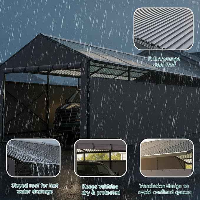 Redlife 11x21 FT Metal Carport, Heavy Duty Steel Frame Garage Shelter with Sloped Metal Roof, 3-Layer 201D Oxford Fabric Sidewalls, UV & Snow Resistant Outdoor Car Canopy for Cars, Trucks & Boats