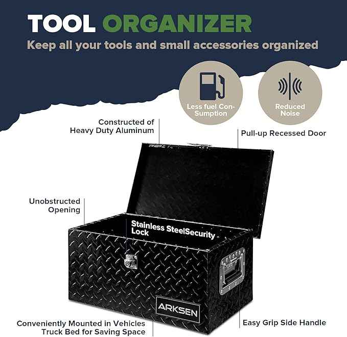 ARKSEN 20 x 12 x 10 Inch Diamond Plate Truck Bed Tool Box, Heavy Duty Waterproof Aluminum Toolboxes Storage Chest with Side Handle & Lock for Pickup Truck Bed, RV & Trailer – Black