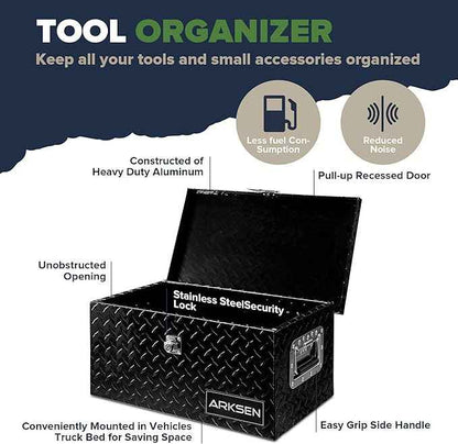 ARKSEN 20 x 12 x 10 Inch Diamond Plate Truck Bed Tool Box, Heavy Duty Waterproof Aluminum Toolboxes Storage Chest with Side Handle & Lock for Pickup Truck Bed, RV & Trailer – Black
