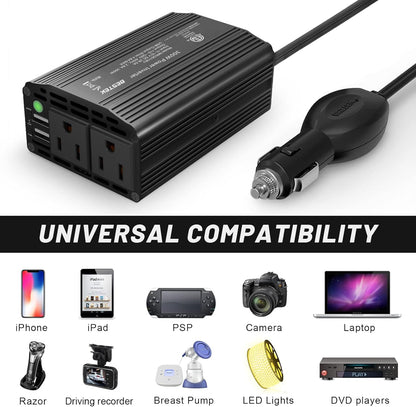 BESTEK 300W Power Inverter DC 12V to 110V AC, Durable Aluminum Housing Car Charger Adapter with 4.8A Dual USB Fast Charging Port, Car Plug in Cigarette Lighter Outlet for Phone, Laptop