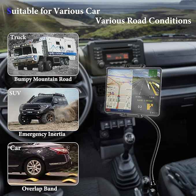 Tablet Holder for Car or Truck Seat Rail Mount Long 19.7" Gooseneck Arm Heavy Duty Car Floor Tablet Stand for iPad Pro 12.9 Air Mini, Samsung Galaxy Tab, iPhone, More 4-13" Phones & Tablets