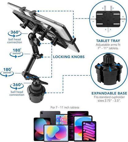 Mount-It! Premium Cup Holder Tablet Mount Fits Vehicle Cupholders 2.75"–3.5" in Diameter, Adjustable Tray for 7"–11" Tablets, Heavy-Duty Aluminum Arm, Full Motion Swivel & Secure Lock Cars Trucks SUVs