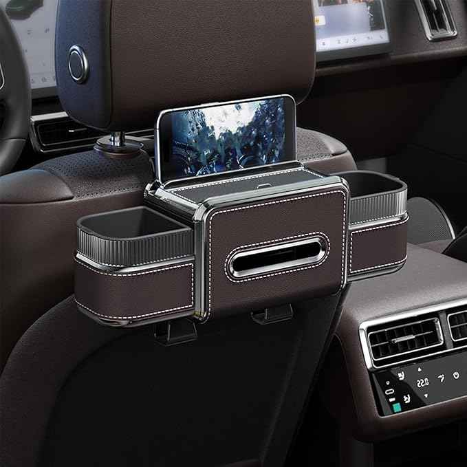 Multifunctional Car Headrest Backseat Organizer Box with Drink Cup Holder, Makeup Mirror, Tissue Box & Hooks for Car Seat Back, Upgrade Car Headrest Backseat Organizer Great for Kids and Travel(Brown)