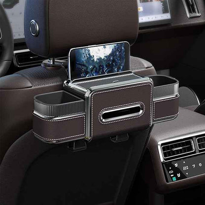Multifunctional Car Headrest Backseat Organizer Box with Drink Cup Holder, Makeup Mirror, Tissue Box & Hooks for Car Seat Back, Upgrade Car Headrest Backseat Organizer Great for Kids and Travel(Brown)