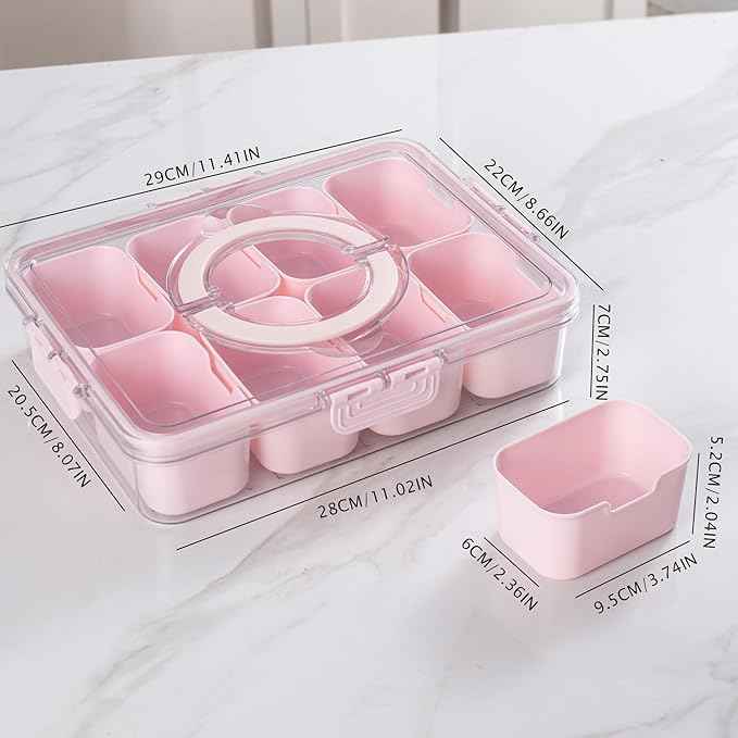 Divided Snack Serving Tray with Lid and Handle Travel Snackle Charcuterie Container Portable Storage Organizer for Candy, Fruits, Nuts, Snacks, Party, Picnic (1pack, Pink)