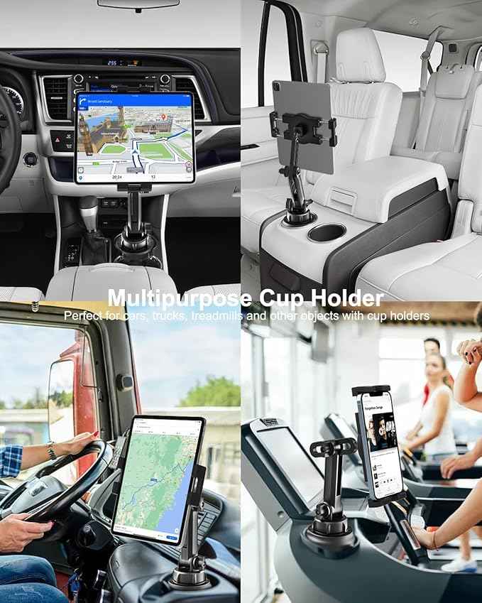 woleyi Cup Holder Car Tablet Mount, iPad Mount Holder for Car/Truck, 360° Rotation Adjustable Universal Tablet Stand Cradle Compatible with iPad Pro Air Mini, Galaxy Tab, Z Fold, iPhone, 4-13" Devices