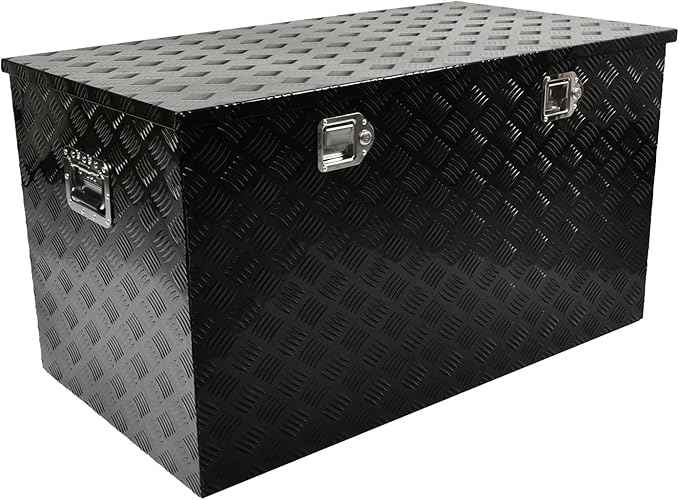 44 Inch Black Aluminum Tool Box 5 Bar Tread Chest Box Flatbox for Truck Car Outdoor Trailer Pickup Underbody RV ATV Storage Bed ToolBox w/Lock and Keys, Side Handle (44"x24"x24")