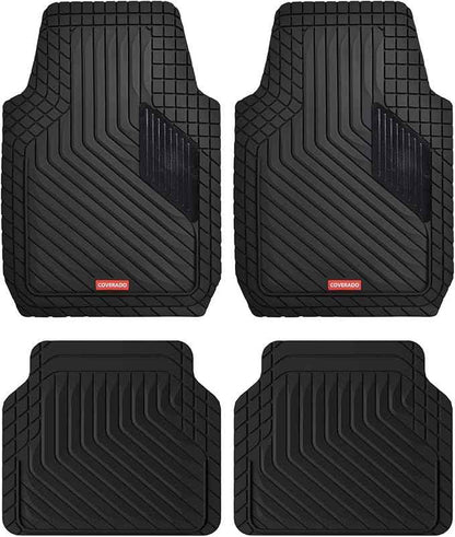 Coverado Heavy-Duty PVC Car Floor Mats Full Set – Black Metallic Heel Pad, All-Weather Protection for Front & Rear, Non-Slip Backing, Easy-to-Clean Liners, 4 Pcs