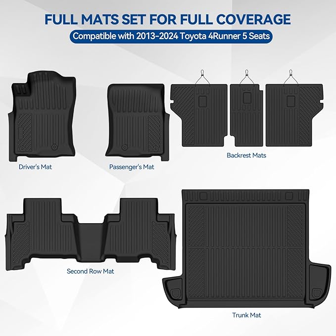 Custom Fit Floor Mats for 2013-2024 Toyota 4Runner 5 Seats, All Weather TPE Floor Liners with Trunk Mat & Backrest Protectors, Odorless Full Set Interior Accessories