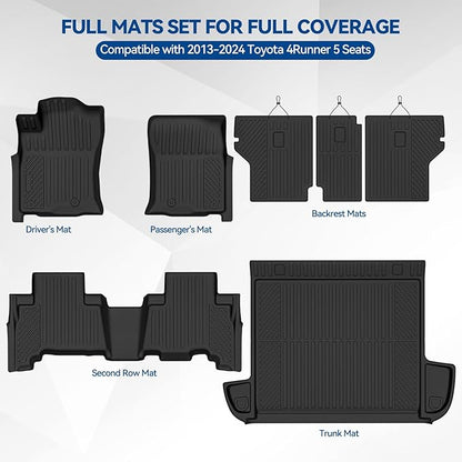 Custom Fit Floor Mats for 2013-2024 Toyota 4Runner 5 Seats, All Weather TPE Floor Liners with Trunk Mat & Backrest Protectors, Odorless Full Set Interior Accessories
