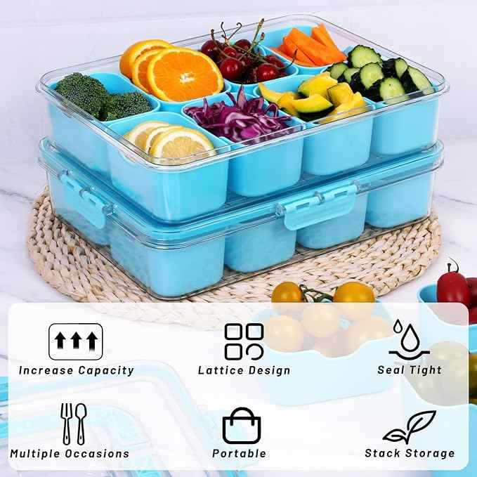 Snack Box Container with Insulated Cooler Bag, Divided Serving Tray with Lid and Handle Beach Essentials, Snackle Box Veggie Fruit Tray with 8 Compartments & 8 Forks & 2 Spoon Blue