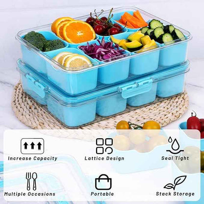 Snack Box Container with Insulated Cooler Bag, Divided Serving Tray with Lid and Handle Beach Essentials, Snackle Box Veggie Fruit Tray with 8 Compartments & 8 Forks & 2 Spoon Blue