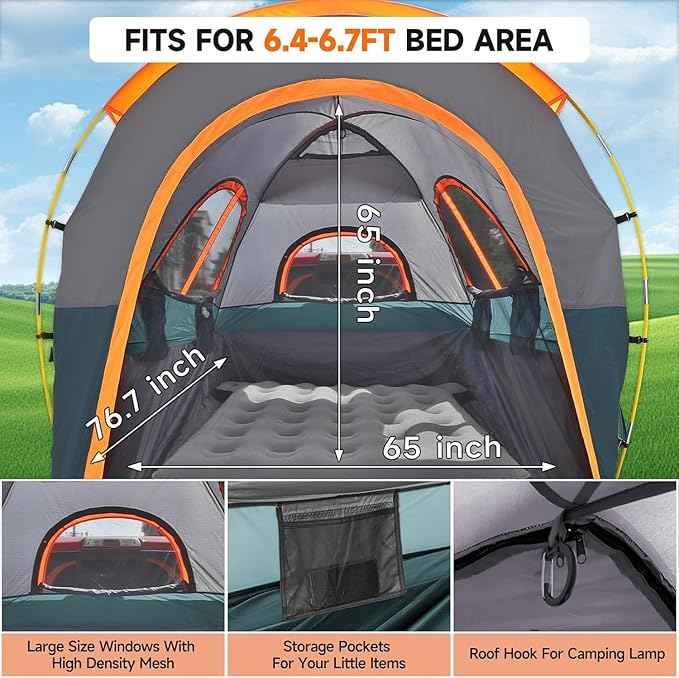 Truck Bed Tent 6.4' ~ 6.7' Easy Set Up Umburato Pickup Truck Tents for Camping, Waterproof PU3000mm Canopy for Truck Camper, Portable, Spacious for 2 Person Green