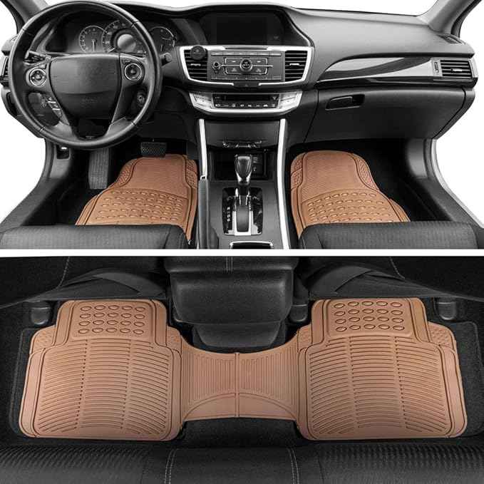 BDK Beige Heavy Duty Front & Rear Rubber Floor Mats Universal Liners for Car SUV Van & Truck, All Weather Protection with Anti-Slip Nibs, Fit Contours of Most Vehicles