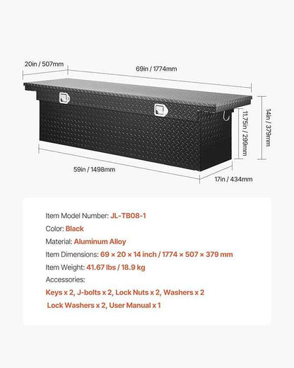 VEVOR Crossover Truck Tool Box, 69x20x14 In, Heavy Duty Aluminum Toolbox with Diamond Texture, Pick Up Truck Bed RV Trailer Toolbox, Waterproof Storage Organizer with Lock, Keys, Side Handles, Black