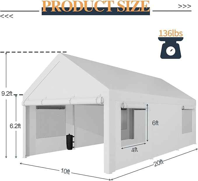 Shintenchi Portable Garage Canopy,10x20 FT Heavy-Duty Design Carport,Carport Canopy with Side-Opening Removable Door & Roll-Up Window,Portable Car Port for Car, Truck, Boat,White