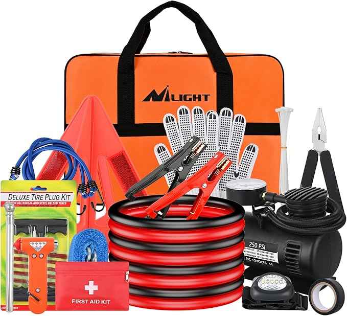 Nilight Car Emergency Kit with Jumper Cable Air Compressor Tire Repair Essential Tools First Aid Alligator Connector Electrical Kit for Travel Camping Outdoor Cars Truck SUV RV