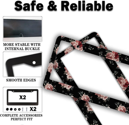 Fun License Plate Frame Protector License Plate Frames for Women Pink and Cream Dark Floral Universal Aluminum Car Accessory 2 Pack with Screw Covers Set