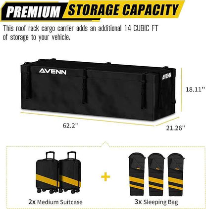 AVENN ARKSEN Roof Top Luggage Storage Bag for 23'' x 64'' Skinny Baskets 14 Cubic Feet (62.2''L x 21.26''W x 18.11''H) with 10 Straps Anti-Slip Mat 8 Door Hooks All Vehicles with/Without Rack, Black