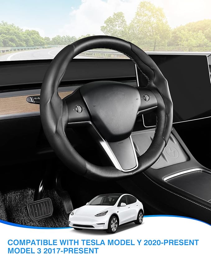 Steering Wheel Cover for 2016-2026 Telsa Model 3/Y Highland/Juniper Accessories Steering Wheel Cover Protector Anti-Slip, Comfortable Grip, Breathable, Model 3/Y Accessories, Black Leather