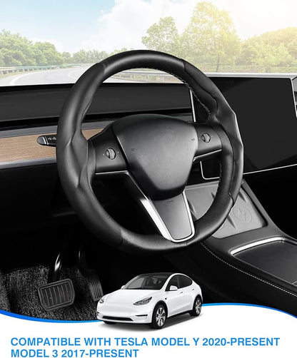 Steering Wheel Cover for 2016-2026 Telsa Model 3/Y Highland/Juniper Accessories Steering Wheel Cover Protector Anti-Slip, Comfortable Grip, Breathable, Model 3/Y Accessories, Black Leather