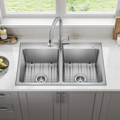 KRAUS Fairlane 33-inch Drop In/Top Mount Double Bowl 18-Gauge Stainless Steel Kitchen Sink, KHT632-33