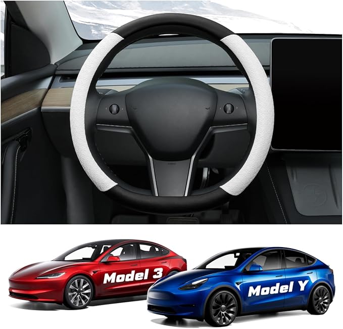 Steering Wheel Cover for 2016-2026 Telsa Model 3/Model Y Accessories (Fit New Model Y Juniper/Model 3 Highland), Leather Steering Wheel Cover Protector Anti-Slip, Comfortable Grip, Breathable