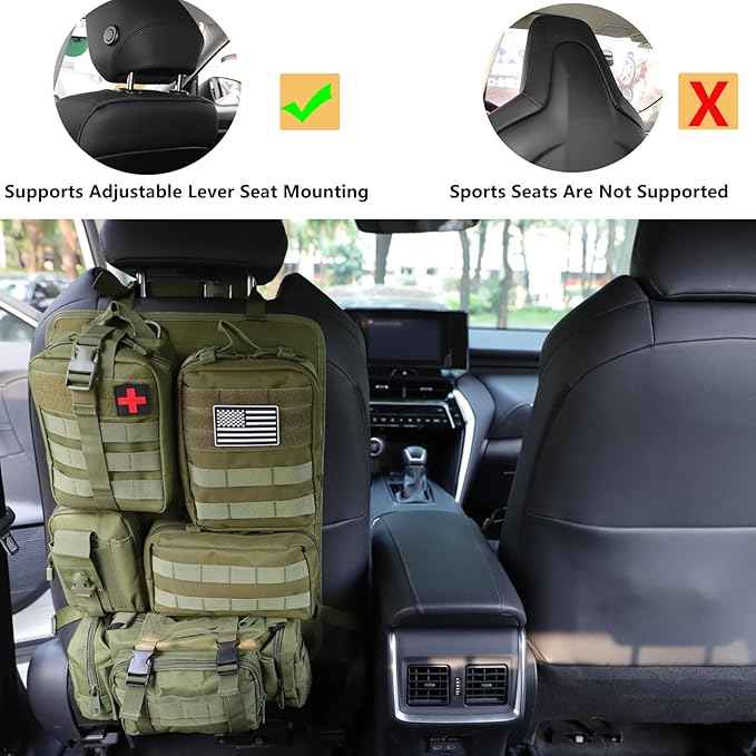 tactical car seat back organizer and storage truck seat covers with a Molle Vehicle Panel and 5 Different Size Molle Pouches for most models such as Jeep,SUV,Pickup (Army green)
