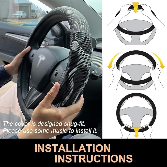 PINCTROT Comfy Grip Steering Wheel Cover for Tesla Model Y/3 2016-2025 2026 Standard/Highland/Juniper, D Shaped 14 Inch Small Sized, Flat Bottom with 3D Honeycomb Anti-Slip Design (Comfy Grip Gray)