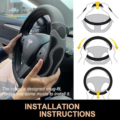 PINCTROT Comfy Grip Steering Wheel Cover for Tesla Model Y/3 2016-2025 2026 Standard/Highland/Juniper, D Shaped 14 Inch Small Sized, Flat Bottom with 3D Honeycomb Anti-Slip Design (Comfy Grip Gray)