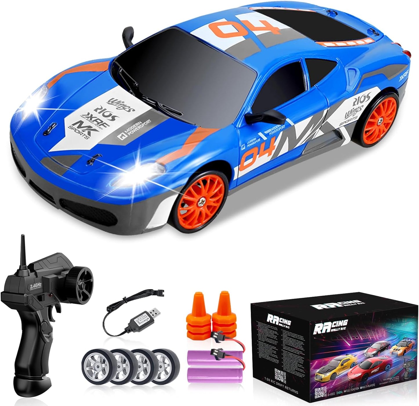 RC Drift Car 2.4GHz 1:24 Scale 4WD Remote Control Car 15KM/H High Speed Drifting RC Cars with Cool Lights, Two Batteries and Extra Tires Toys for Kids Boys Girls Adults, Blue - AutoBay