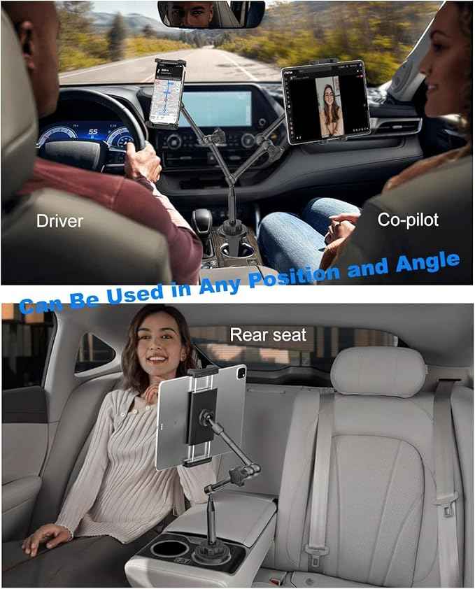 Heavy Duty Cup Holder Tablet Mount wiht Adjustment Metal Arm, iPad Cup Holder Mount for Suvs, Trucks, Compatible with iPad Pro Air Mini, iPhone, Galaxy Z Fold, 4-13" Devices