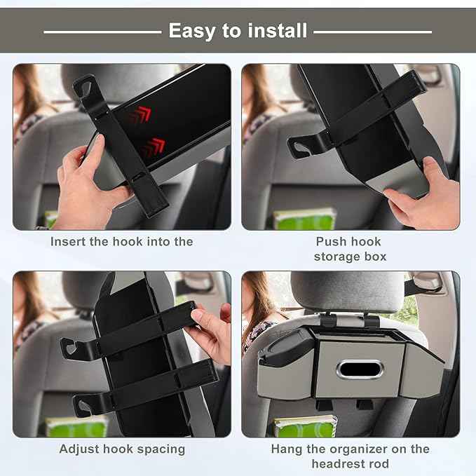 7-In-1 Car Seat Back Organizer with Cup Holders, Tissue Box, Garbage Can&Hooks, Multifunctional Headrest Storage Organizer, Headrest Cup Holder for Backseat, Car Accessories for Trips, Travels(Gray)
